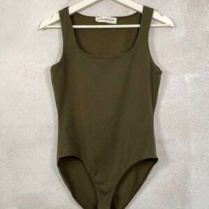 Vintage 90's A Line Anne Klein Olive Green Scoop Neck Bodysuit, Size Small